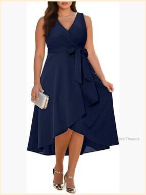 Plus Size Wrap V-Neck Sleeveless High Low Cocktail Dress